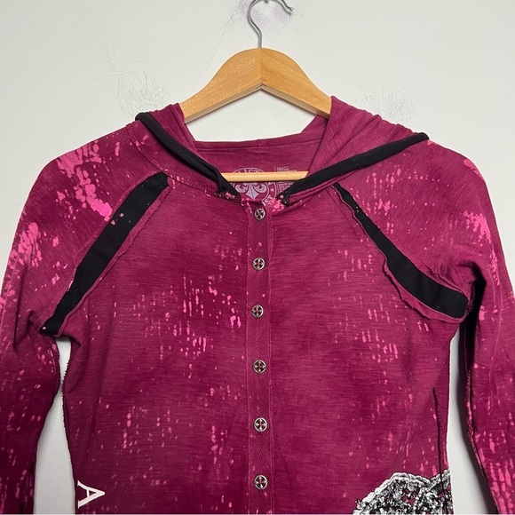Affliction 90s Burgundy Long Sleeve Hoodie Spell Out Top Embellished Angel Wings - Picture 3 of 15